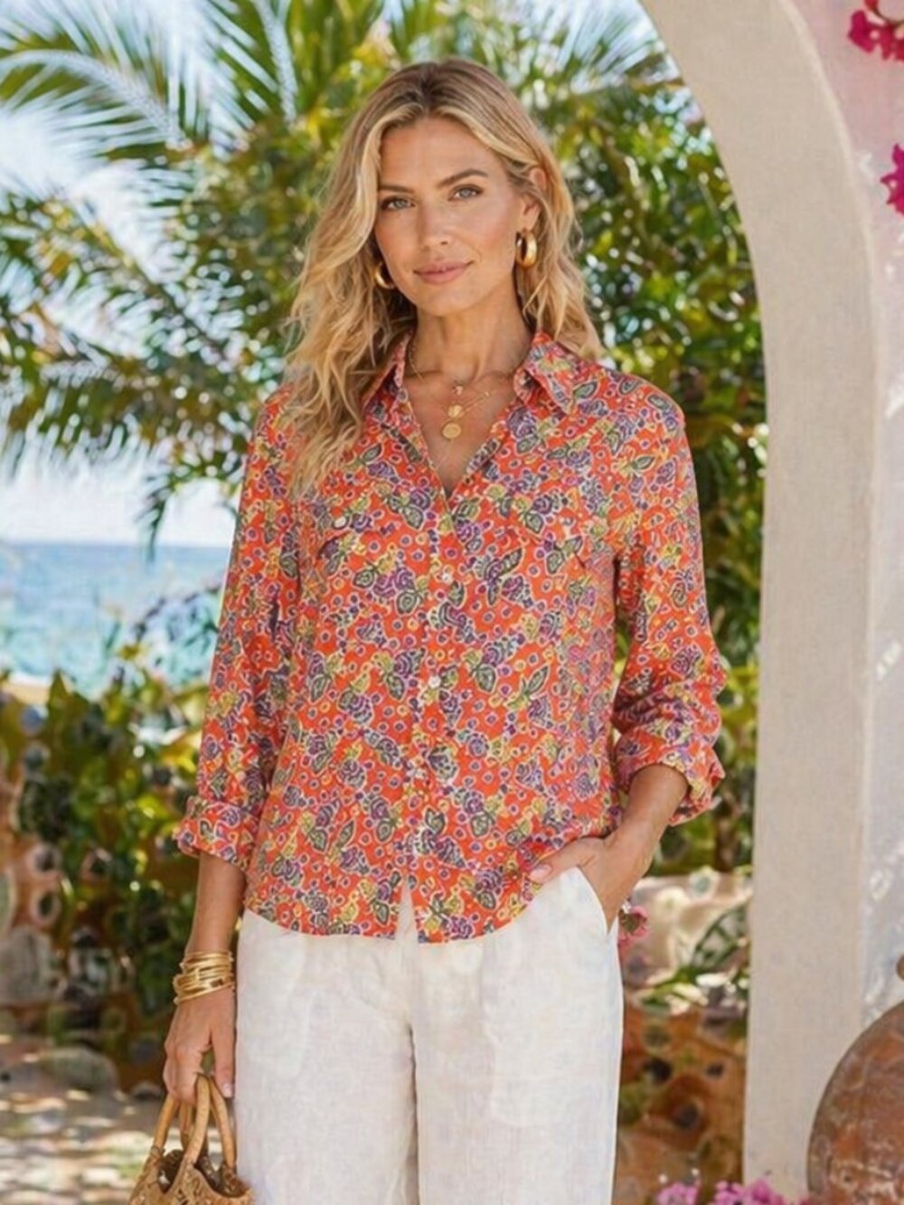 Lauren Ralph Lauren Button Up Blouse L Orange Paisley Floral 70s Resort Chic